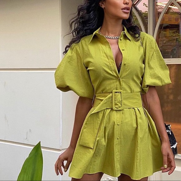 Zara Dresses & Skirts - Zara puff sleeve belted button shirt dress green